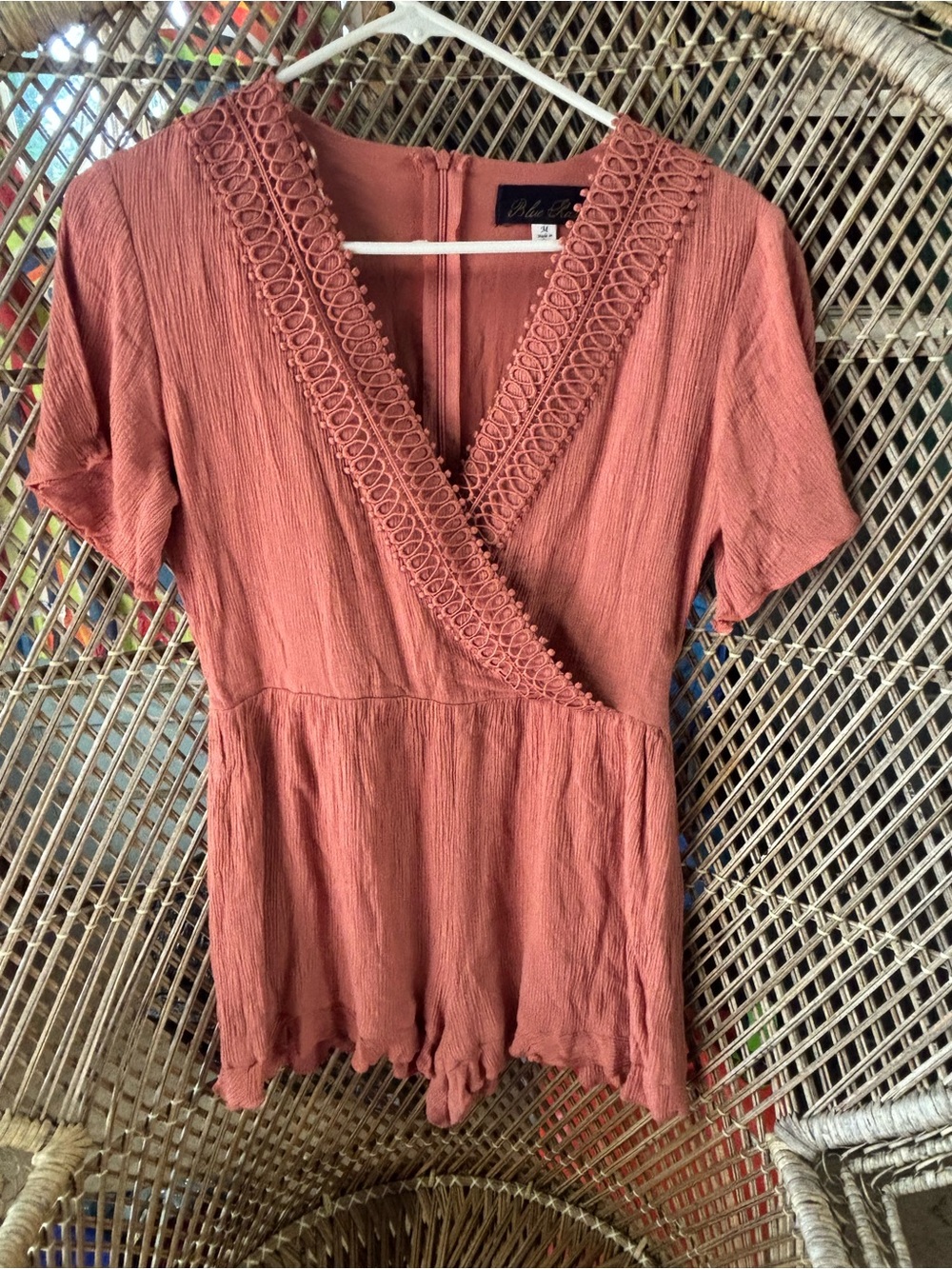 Blue Rain Rust Short-Sleeve Textured Wrap Romper with Lace Trim